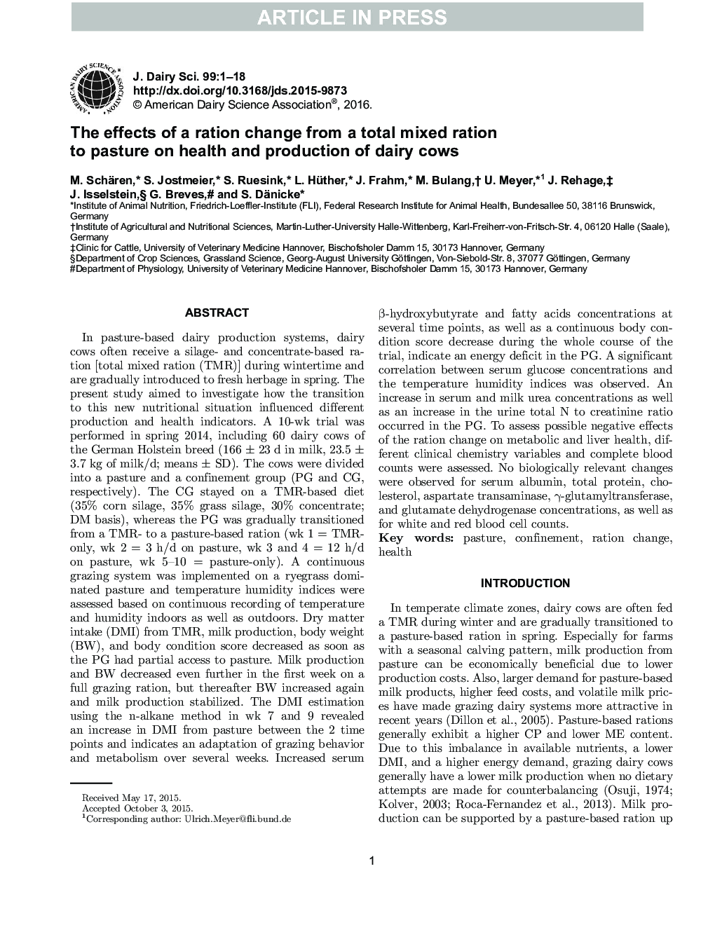 The effects of a ration change from a total mixed ration to pasture on health and production of dairy cows