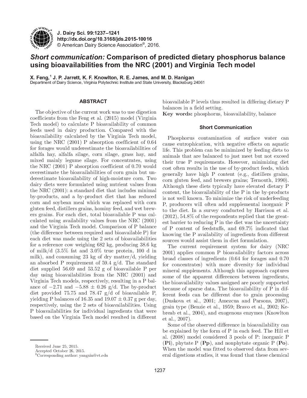 Short communication: Comparison of predicted dietary phosphorus balance using bioavailabilities from the NRC (2001) and Virginia Tech model