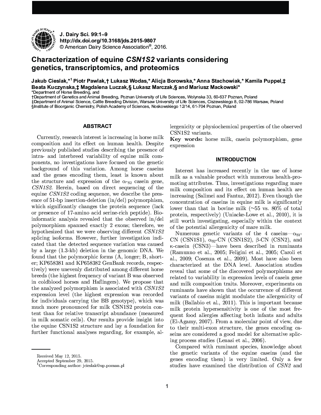 Characterization of equine CSN1S2 variants considering genetics, transcriptomics, and proteomics