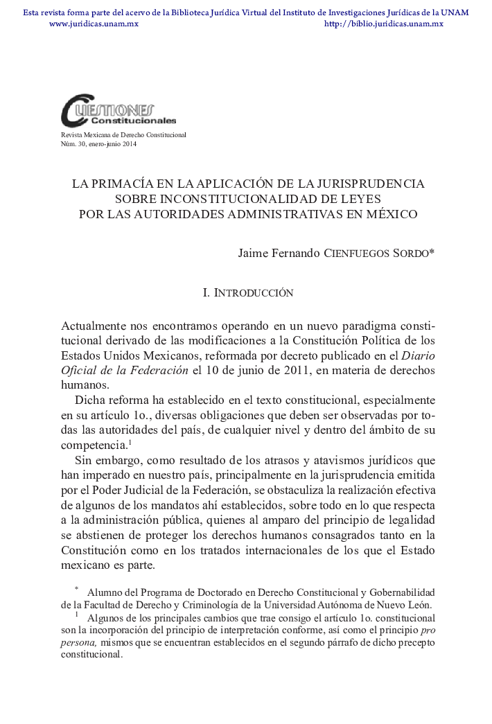 La primacÃ­a en la aplicación de la jurisprudencia sobre inconstitucionalidad de leyes por las autoridades administrativas en México