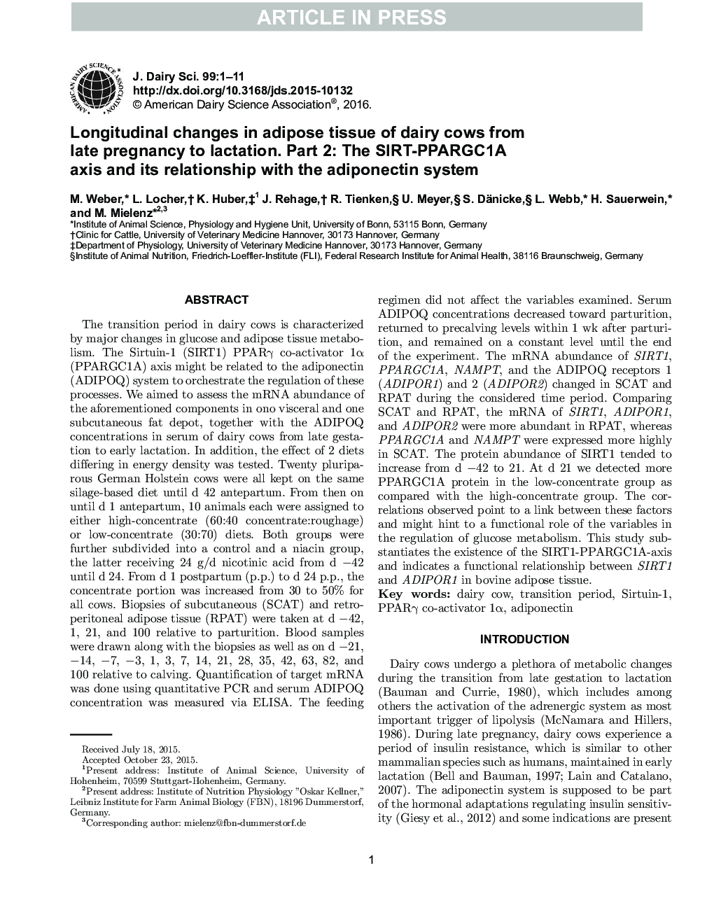 Longitudinal changes in adipose tissue of dairy cows from late pregnancy to lactation. Part 2: The SIRT-PPARGC1A axis and its relationship with the adiponectin system