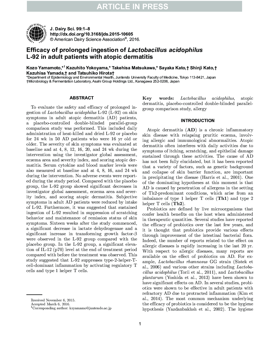 Efficacy of prolonged ingestion of Lactobacillus acidophilus L-92 in adult patients with atopic dermatitis