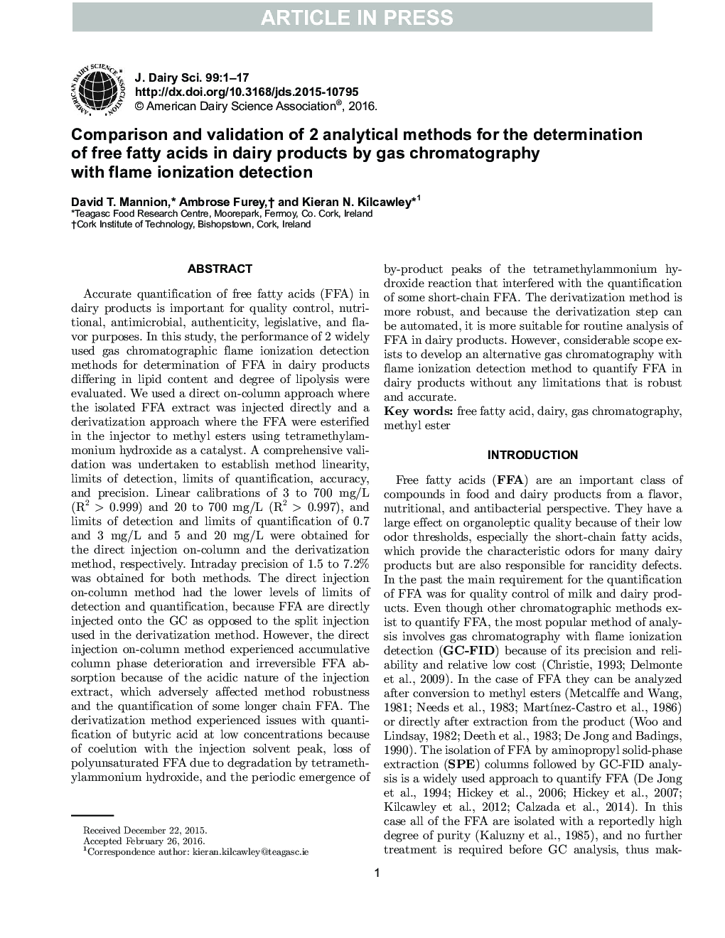 مقایسه و اعتبار 2 روش تحلیلی برای تعیین اسیدهای چرب آزاد در محصولات لبنی توسط کروماتوگرافی گاز با تشخیص یونیزاسیون شعله 