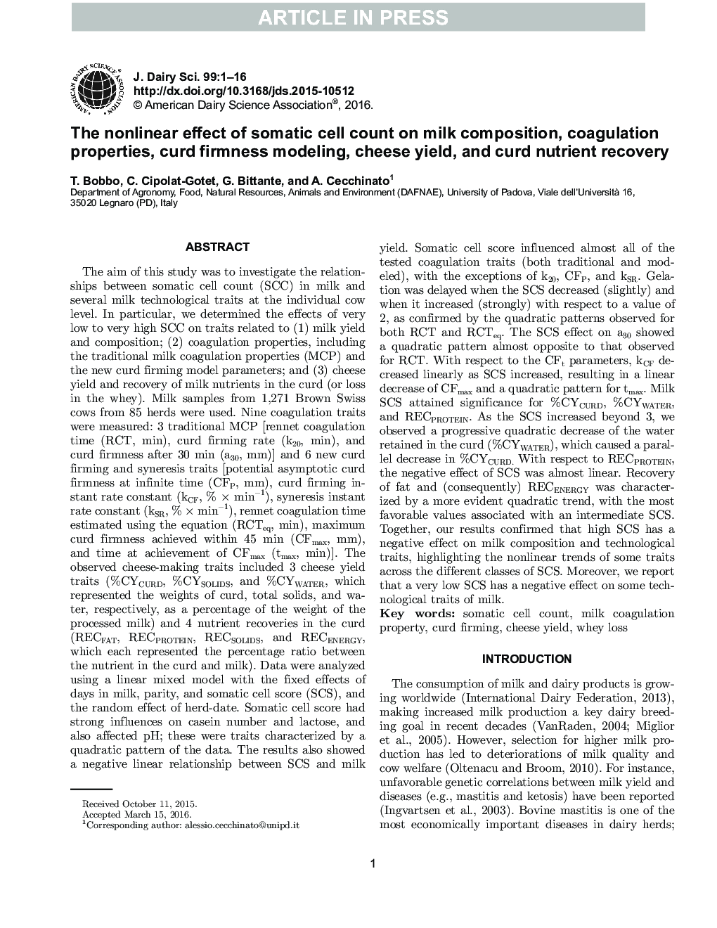 The nonlinear effect of somatic cell count on milk composition, coagulation properties, curd firmness modeling, cheese yield, and curd nutrient recovery