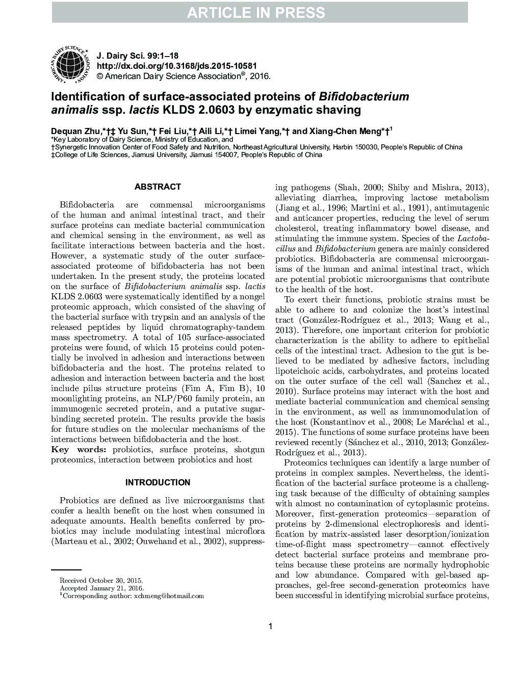 Identification of surface-associated proteins of Bifidobacterium animalis ssp. lactis KLDS 2.0603 by enzymatic shaving