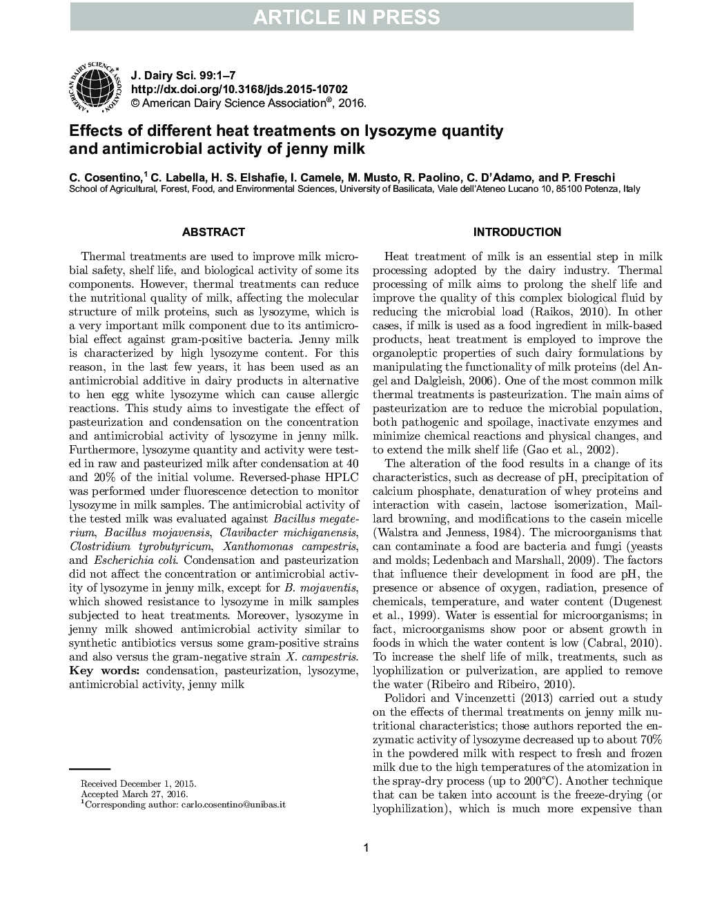 Effects of different heat treatments on lysozyme quantity and antimicrobial activity of jenny milk