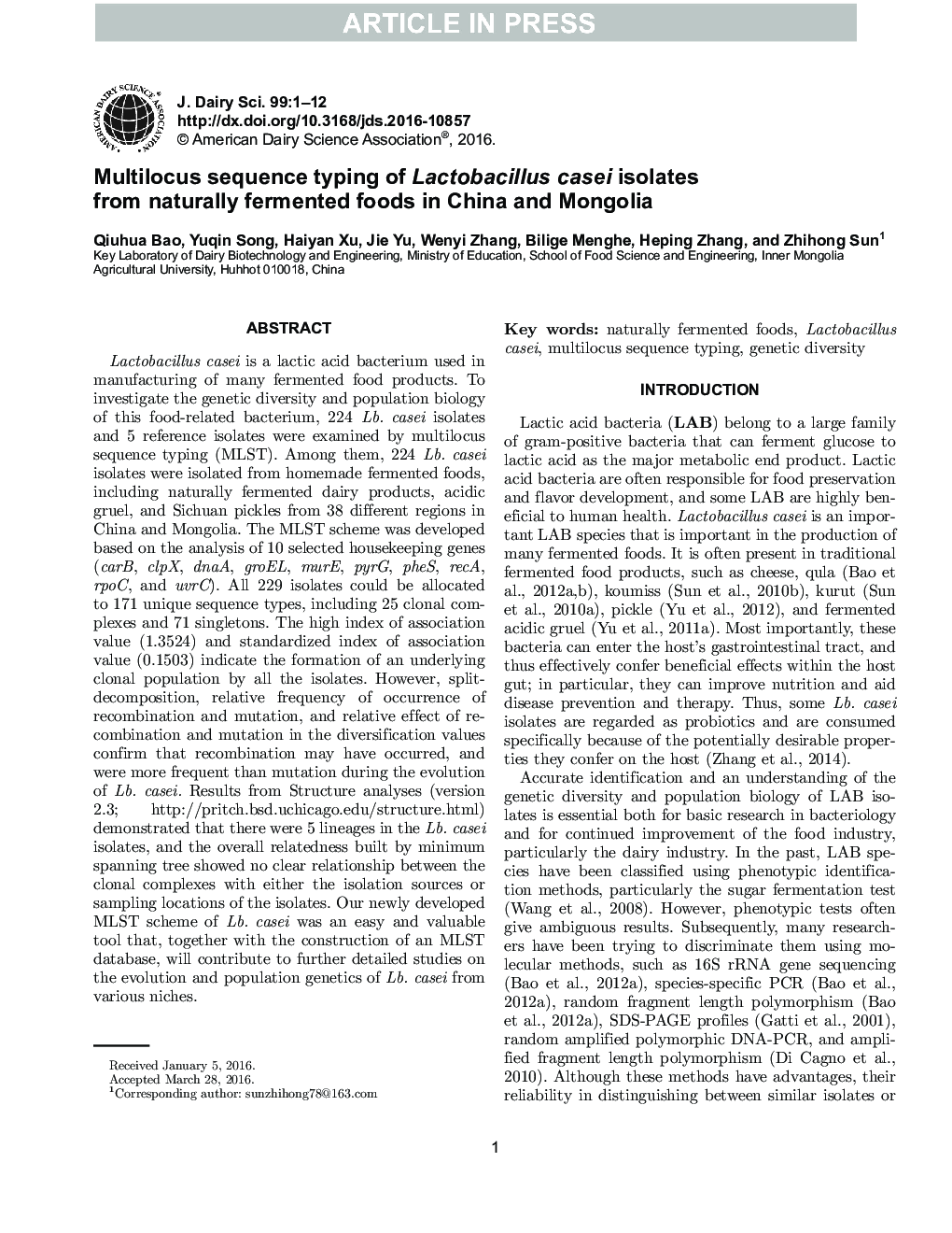Multilocus sequence typing of Lactobacillus casei isolates from naturally fermented foods in China and Mongolia