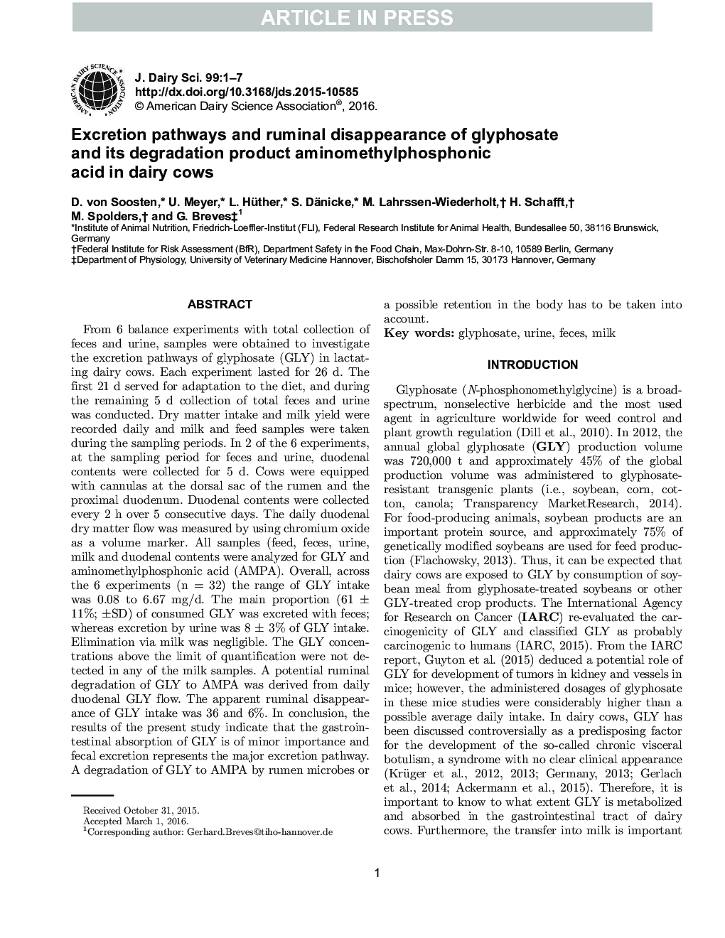 Excretion pathways and ruminal disappearance of glyphosate and its degradation product aminomethylphosphonic acid in dairy cows
