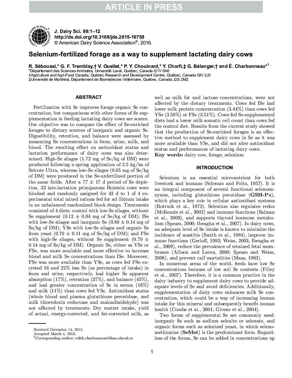 Selenium-fertilized forage as a way to supplement lactating dairy cows