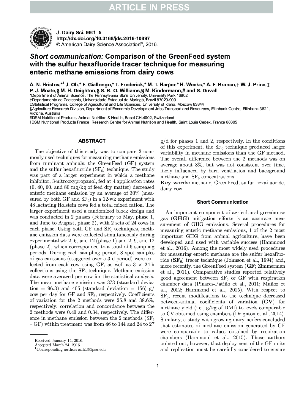 Short communication: Comparison of the GreenFeed system with the sulfur hexafluoride tracer technique for measuring enteric methane emissions from dairy cows