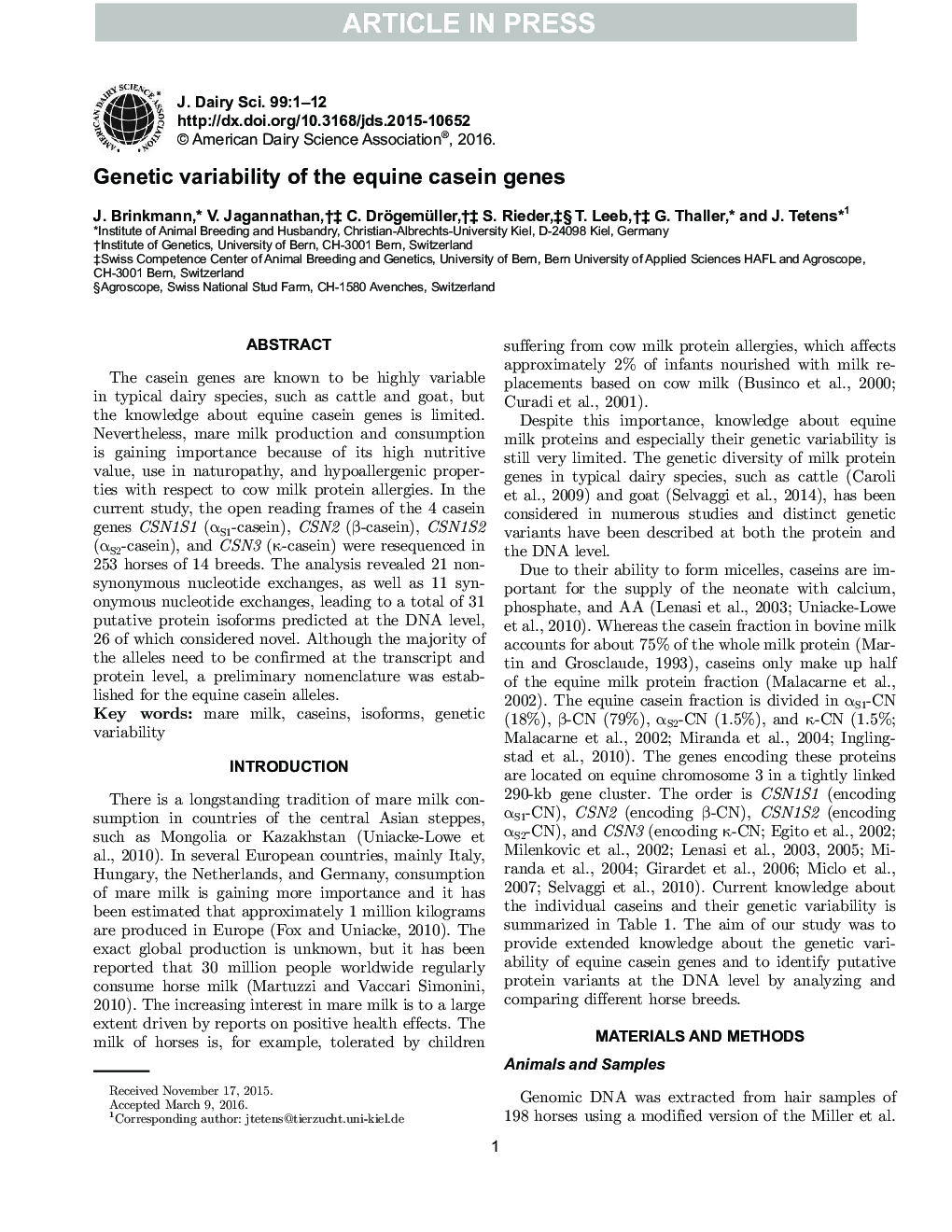 Genetic variability of the equine casein genes