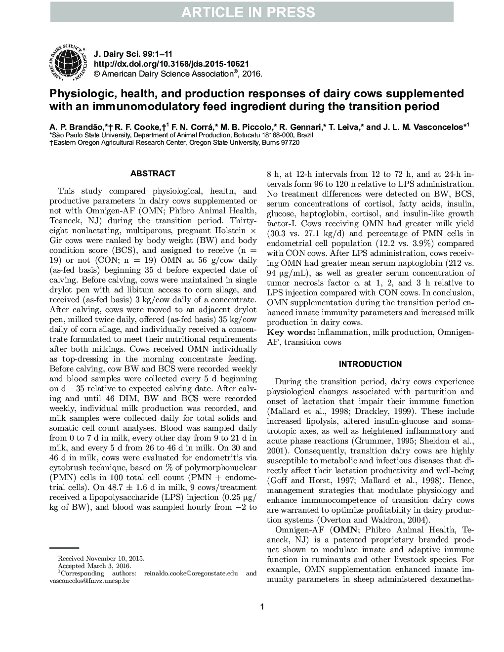Physiologic, health, and production responses of dairy cows supplemented with an immunomodulatory feed ingredient during the transition period