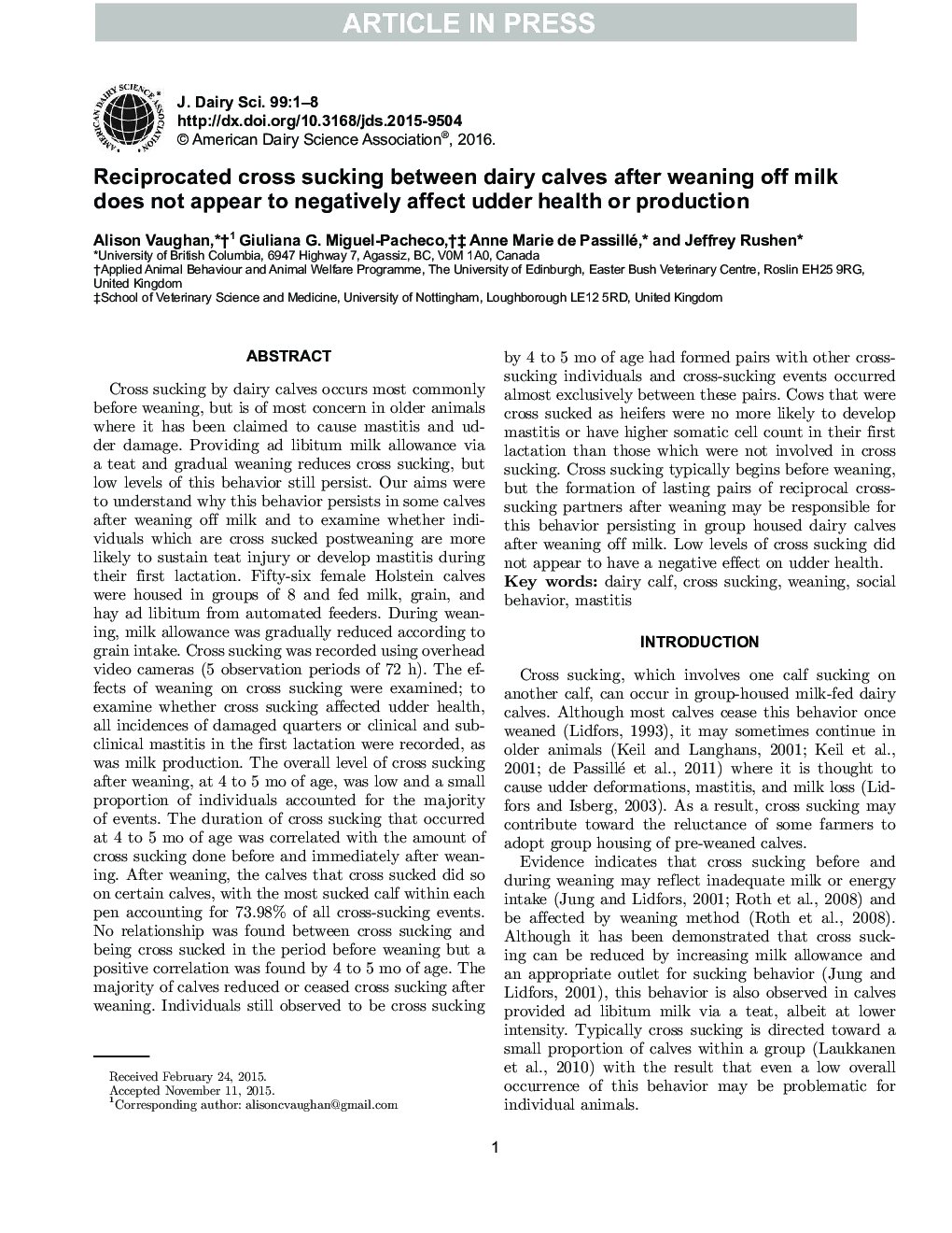 Reciprocated cross sucking between dairy calves after weaning off milk does not appear to negatively affect udder health or production