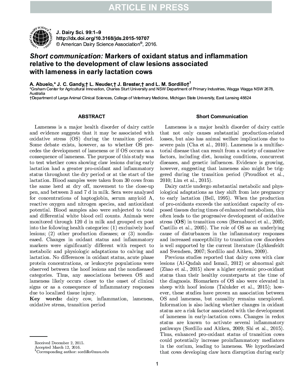 Short communication: Markers of oxidant status and inflammation relative to the development of claw lesions associated with lameness in early lactation cows