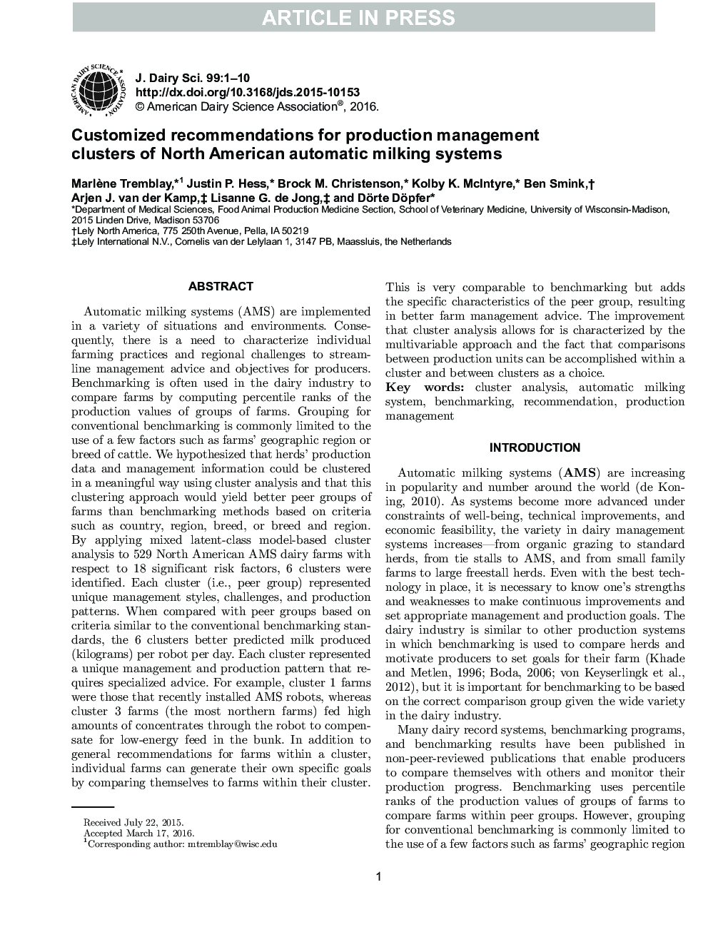 Customized recommendations for production management clusters of North American automatic milking systems