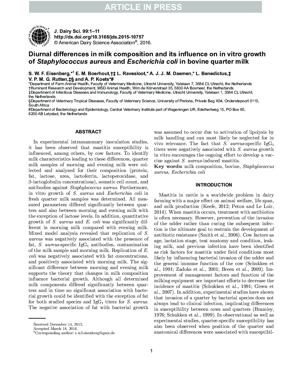 Diurnal differences in milk composition and its influence on in vitro growth of Staphylococcus aureus and Escherichia coli in bovine quarter milk