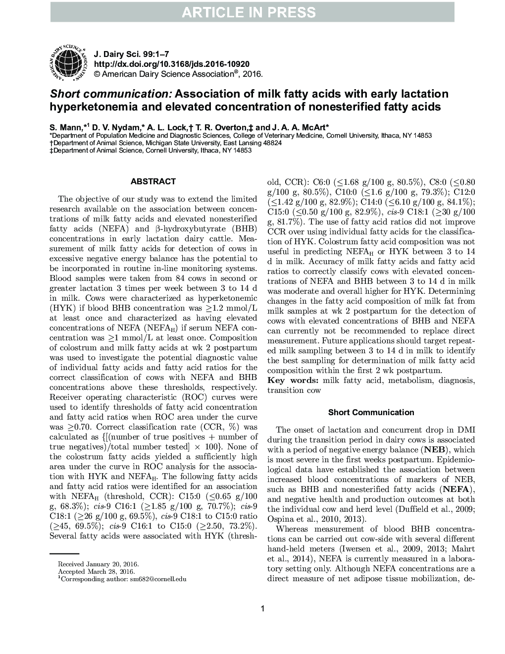 Short communication: Association of milk fatty acids with early lactation hyperketonemia and elevated concentration of nonesterified fatty acids