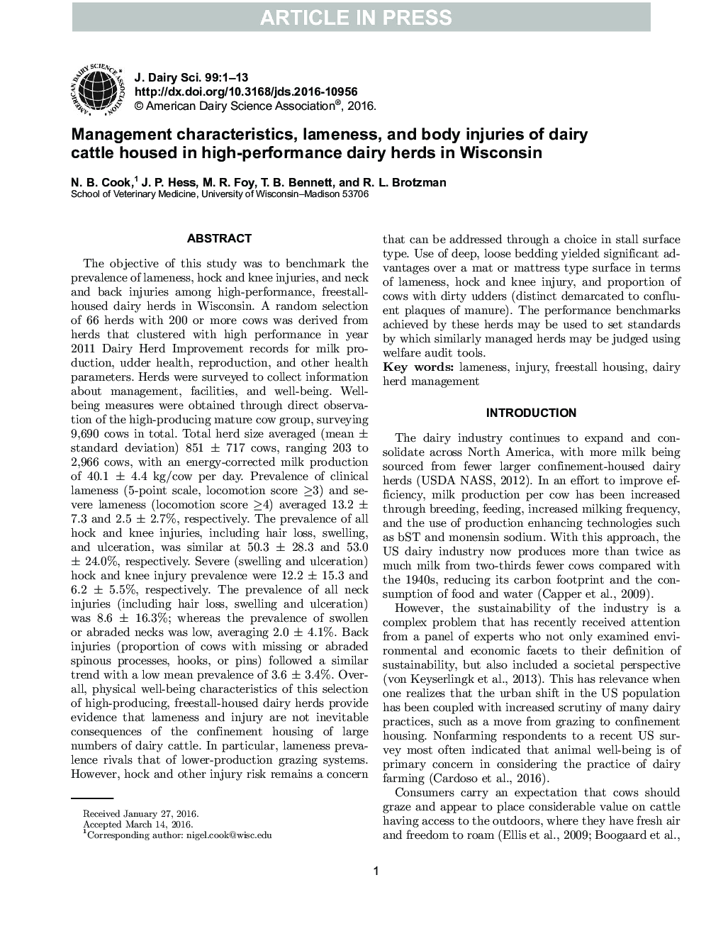 Management characteristics, lameness, and body injuries of dairy cattle housed in high-performance dairy herds in Wisconsin