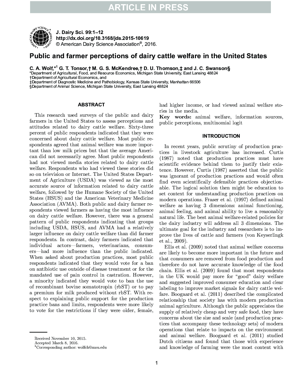 Public and farmer perceptions of dairy cattle welfare in the United States