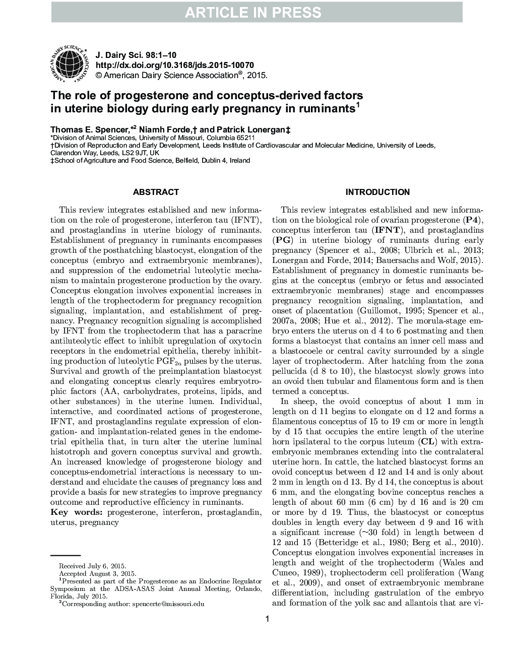 The role of progesterone and conceptus-derived factors in uterine biology during early pregnancy in ruminants1