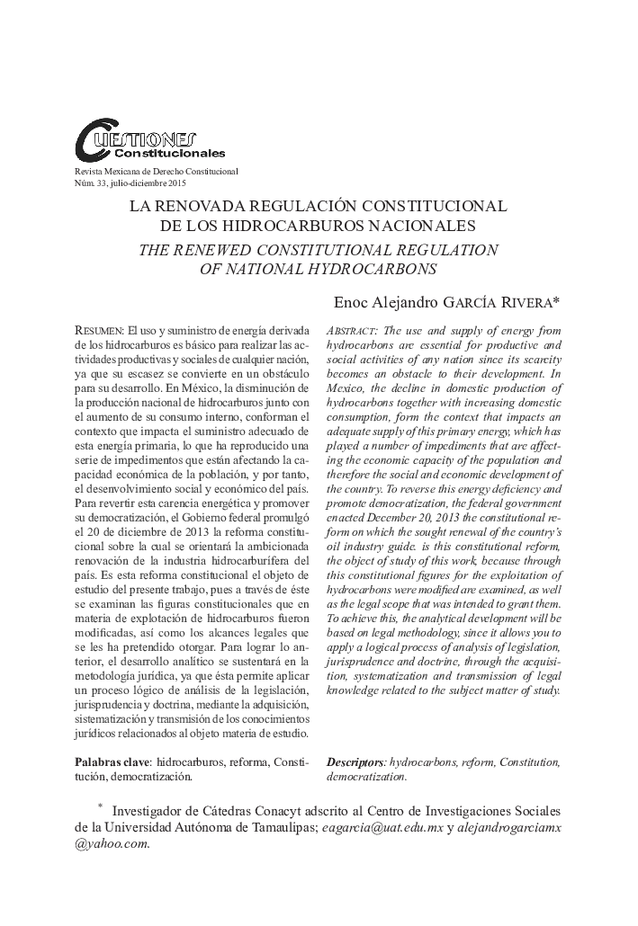 LA RENOVADA REGULACIÓN CONSTITUCIONAL DE LOS HIDROCARBUROS NACIONALES