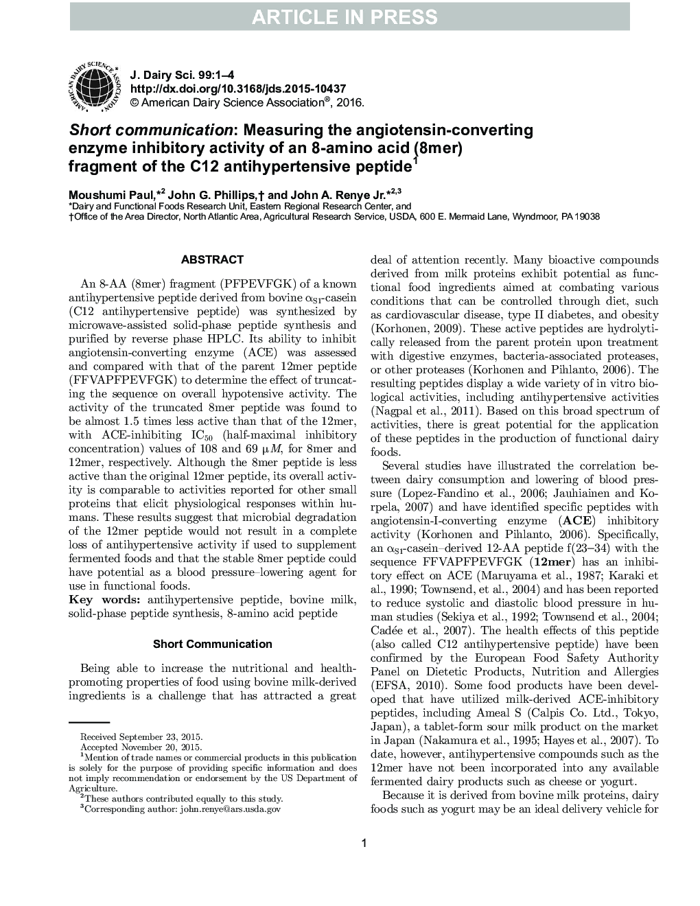 Short communication: Measuring the angiotensin-converting enzyme inhibitory activity of an 8-amino acid (8mer) fragment of the C12 antihypertensive peptide1