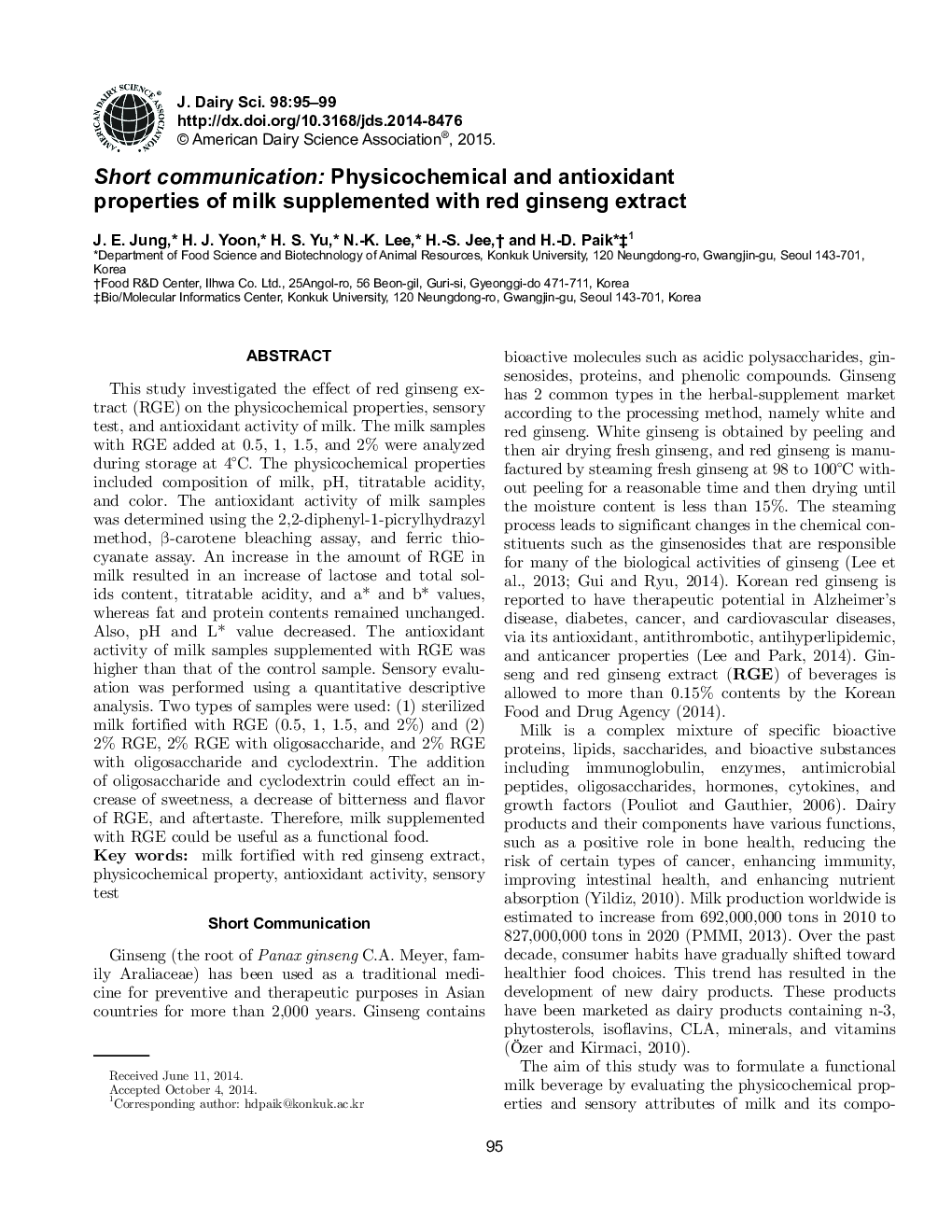 Short communication: Physicochemical and antioxidant properties of milk supplemented with red ginseng extract