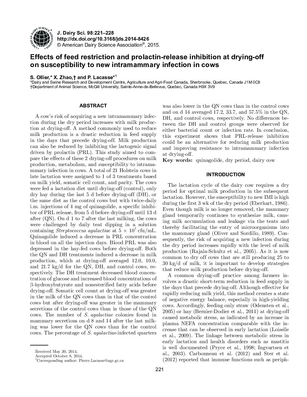 Effects of feed restriction and prolactin-release inhibition at drying-off on susceptibility to new intramammary infection in cows