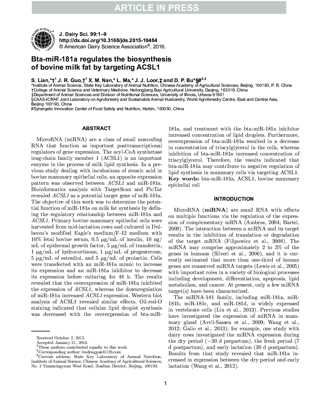 MicroRNA Bta-miR-181a regulates the biosynthesis of bovine milk fat by targeting ACSL1