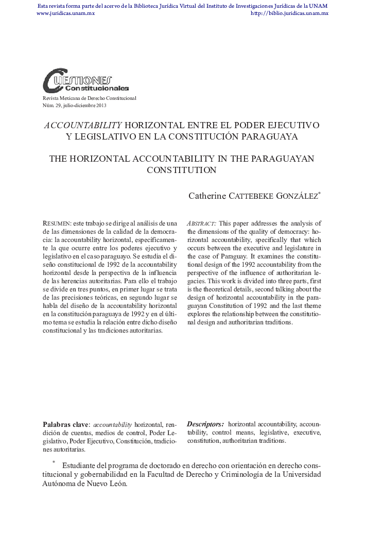 Accountability horizontal entre el poder ejecutivo y legislativo en la Constitución paraguaya