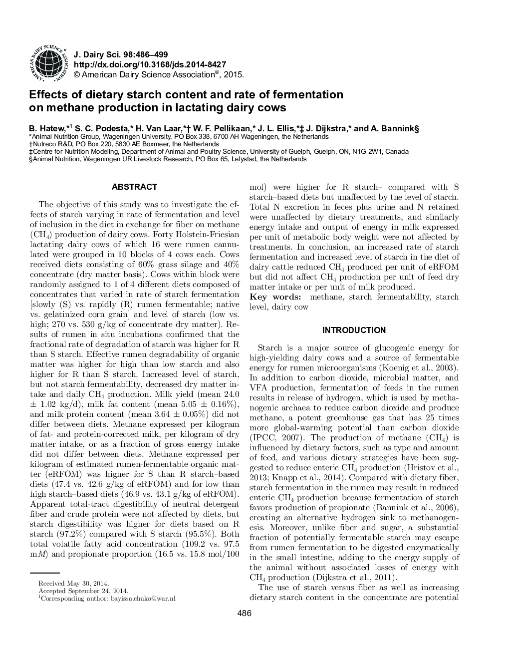 Effects of dietary starch content and rate of fermentation on methane production in lactating dairy cows