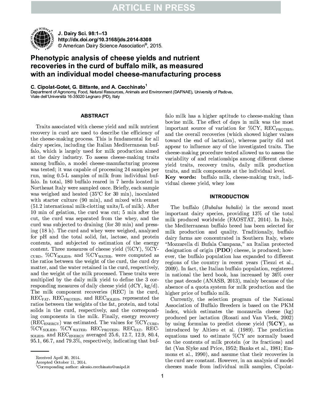 Phenotypic analysis of cheese yields and nutrient recoveries in the curd of buffalo milk, as measured with an individual model cheese-manufacturing process