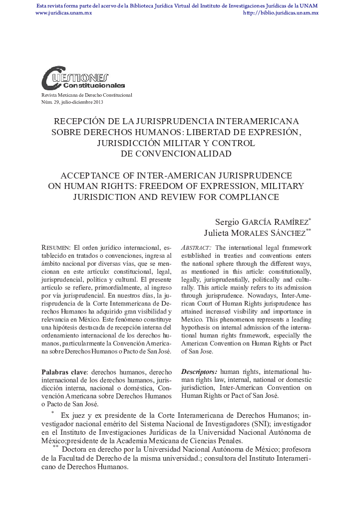 Recepción de la jurisprudencia interamericana sobre derechos humanos: libertad de expresión, jurisdicción militar y control de convencionalidad