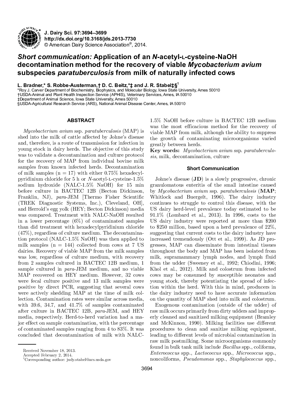 Short communication: Application of an N-acetyl-l-cysteine-NaOH decontamination method for the recovery of viable Mycobacterium avium subspecies paratuberculosis from milk of naturally infected cows