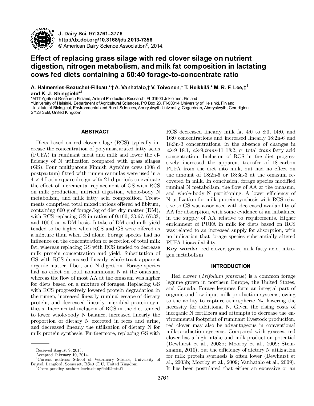 Effect of replacing grass silage with red clover silage on nutrient digestion, nitrogen metabolism, and milk fat composition in lactating cows fed diets containing a 60:40 forage-to-concentrate ratio