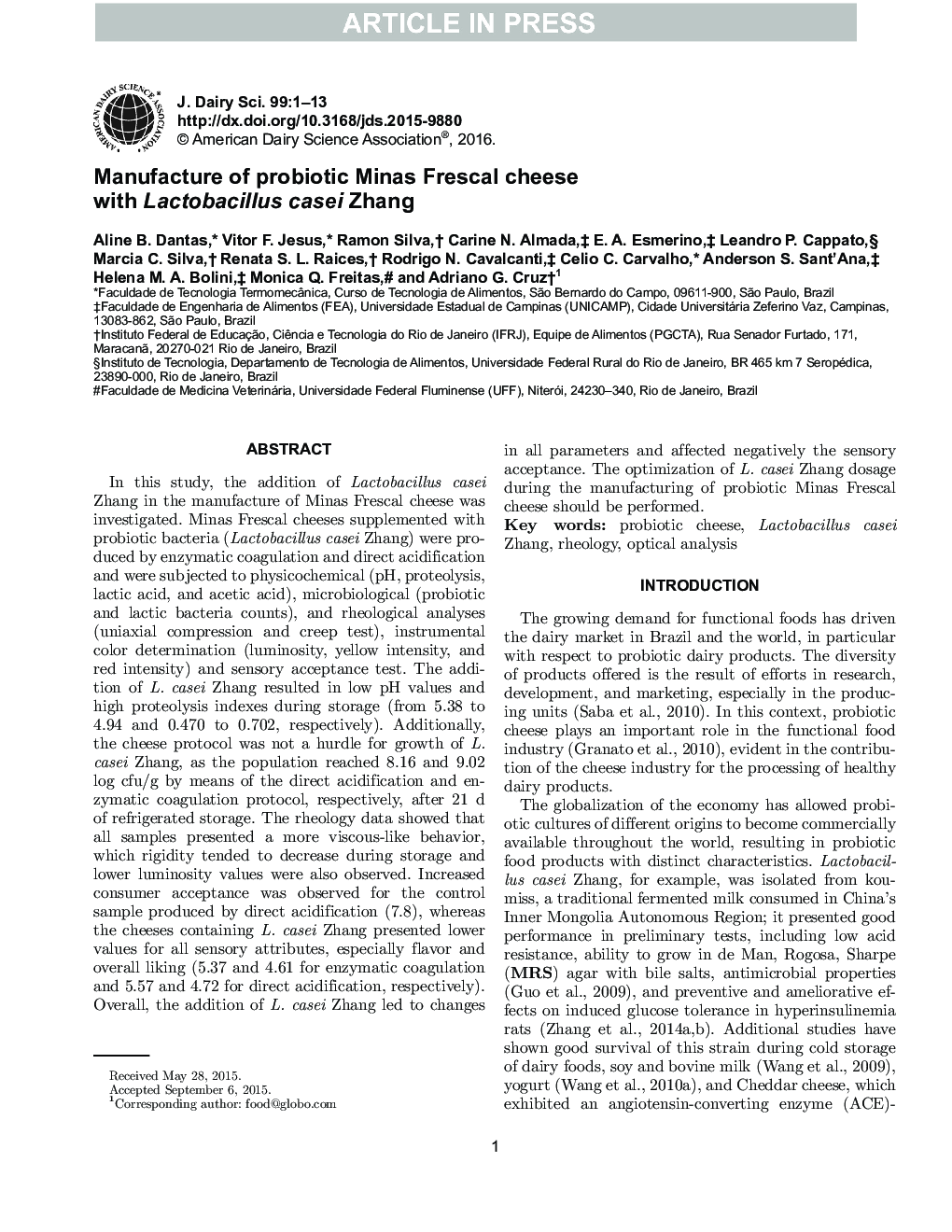 Manufacture of probiotic Minas Frescal cheese with Lactobacillus casei Zhang