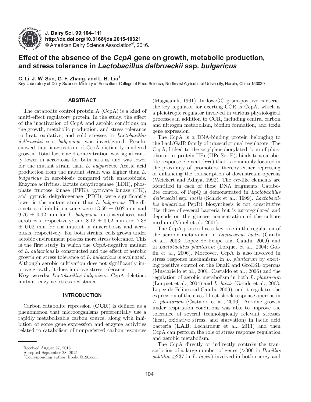 Effect of the absence of the CcpA gene on growth, metabolic production, and stress tolerance in Lactobacillus delbrueckii ssp. bulgaricus