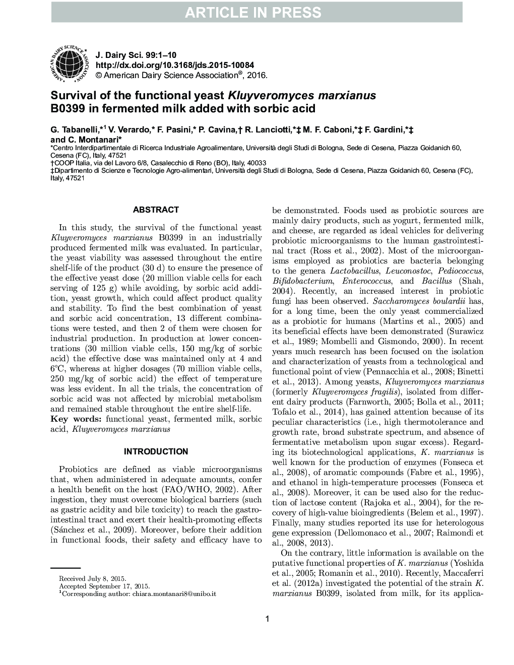 Survival of the functional yeast Kluyveromyces marxianus B0399 in fermented milk with added sorbic acid