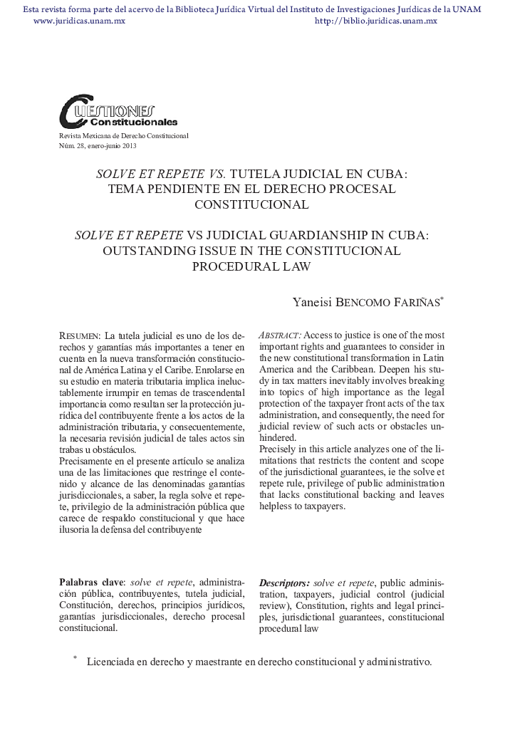 Solve et repete vs. tutela judicial en Cuba: tema pendiente en el derecho procesal constitucional
