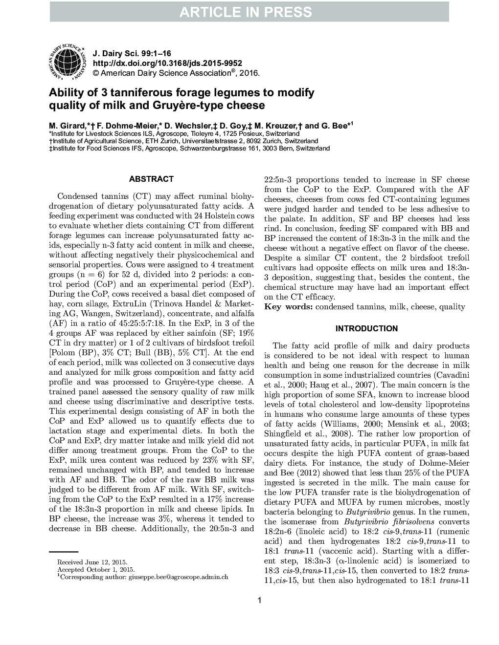 Ability of 3 tanniferous forage legumes to modify quality of milk and GruyÃ¨re-type cheese