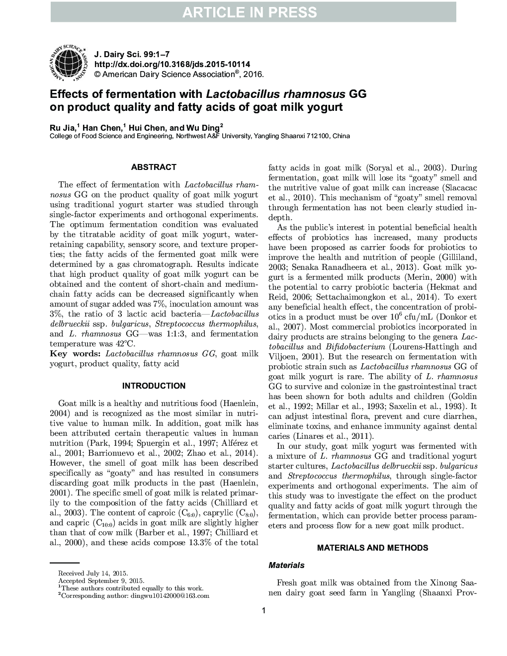 Effects of fermentation with Lactobacillus rhamnosus GG on product quality and fatty acids of goat milk yogurt