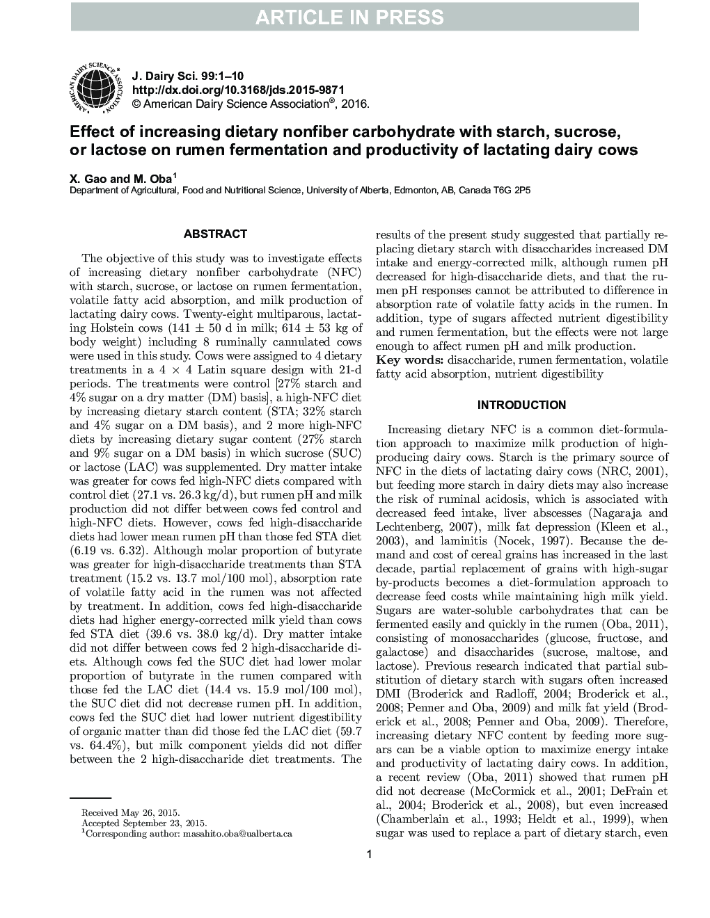 Effect of increasing dietary nonfiber carbohydrate with starch, sucrose, or lactose on rumen fermentation and productivity of lactating dairy cows