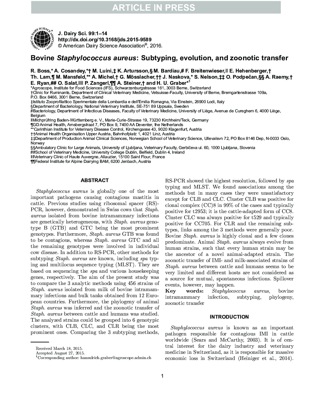 Bovine Staphylococcus aureus: Subtyping, evolution, and zoonotic transfer