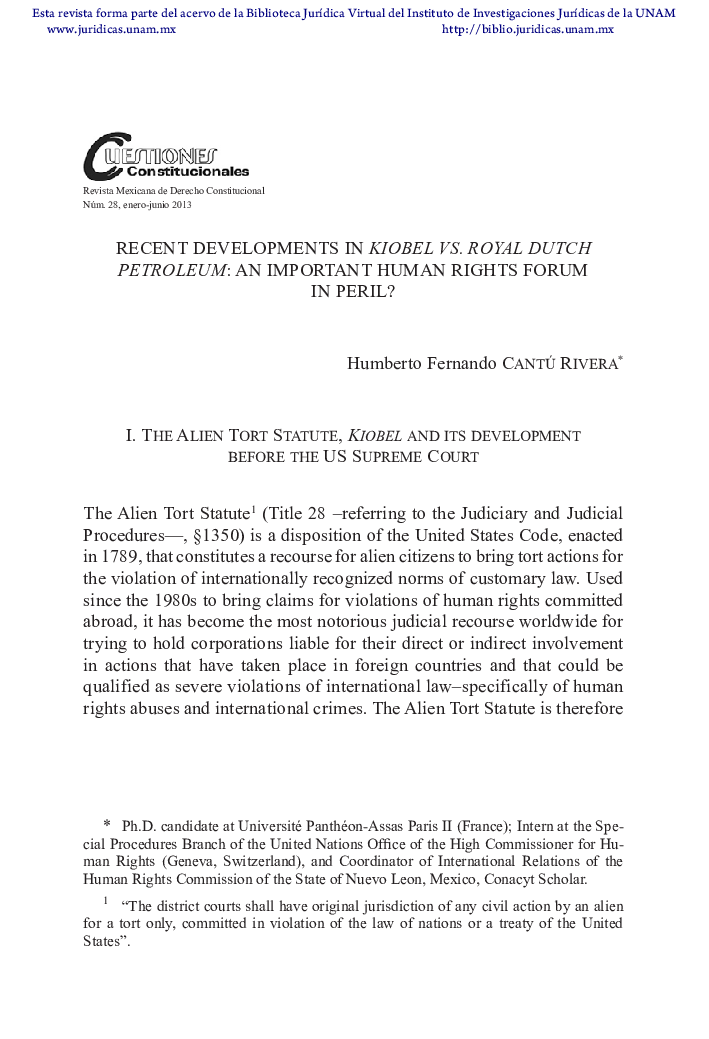Recent developments in kiobel vs. royal dutch petroleum: an important human rights forum in peril?