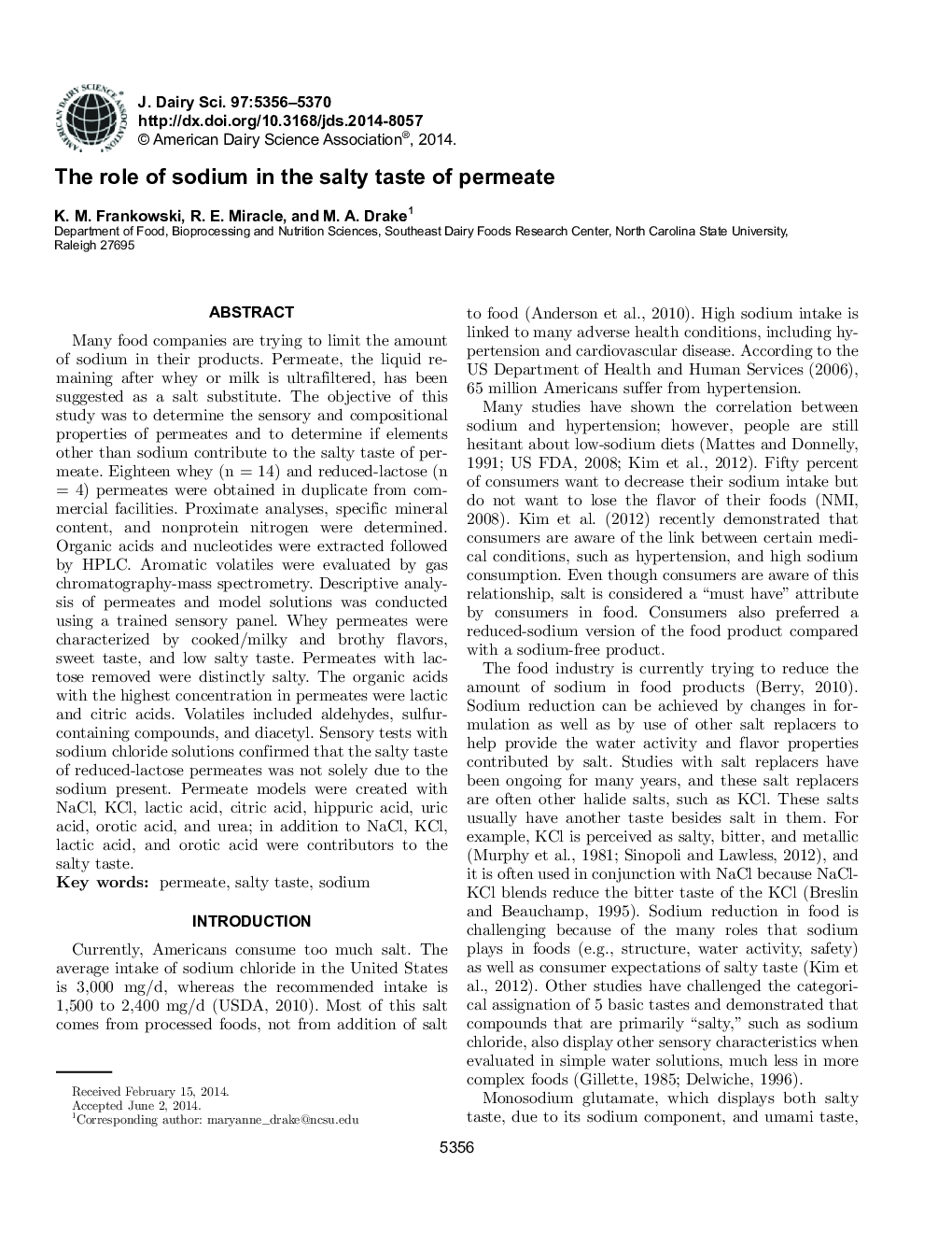 The role of sodium in the salty taste of permeate