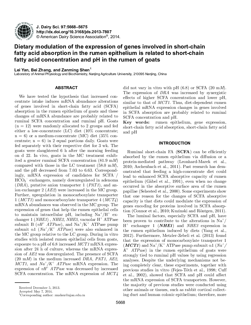 Dietary modulation of the expression of genes involved in short-chain fatty acid absorption in the rumen epithelium is related to short-chain fatty acid concentration and pH in the rumen of goats