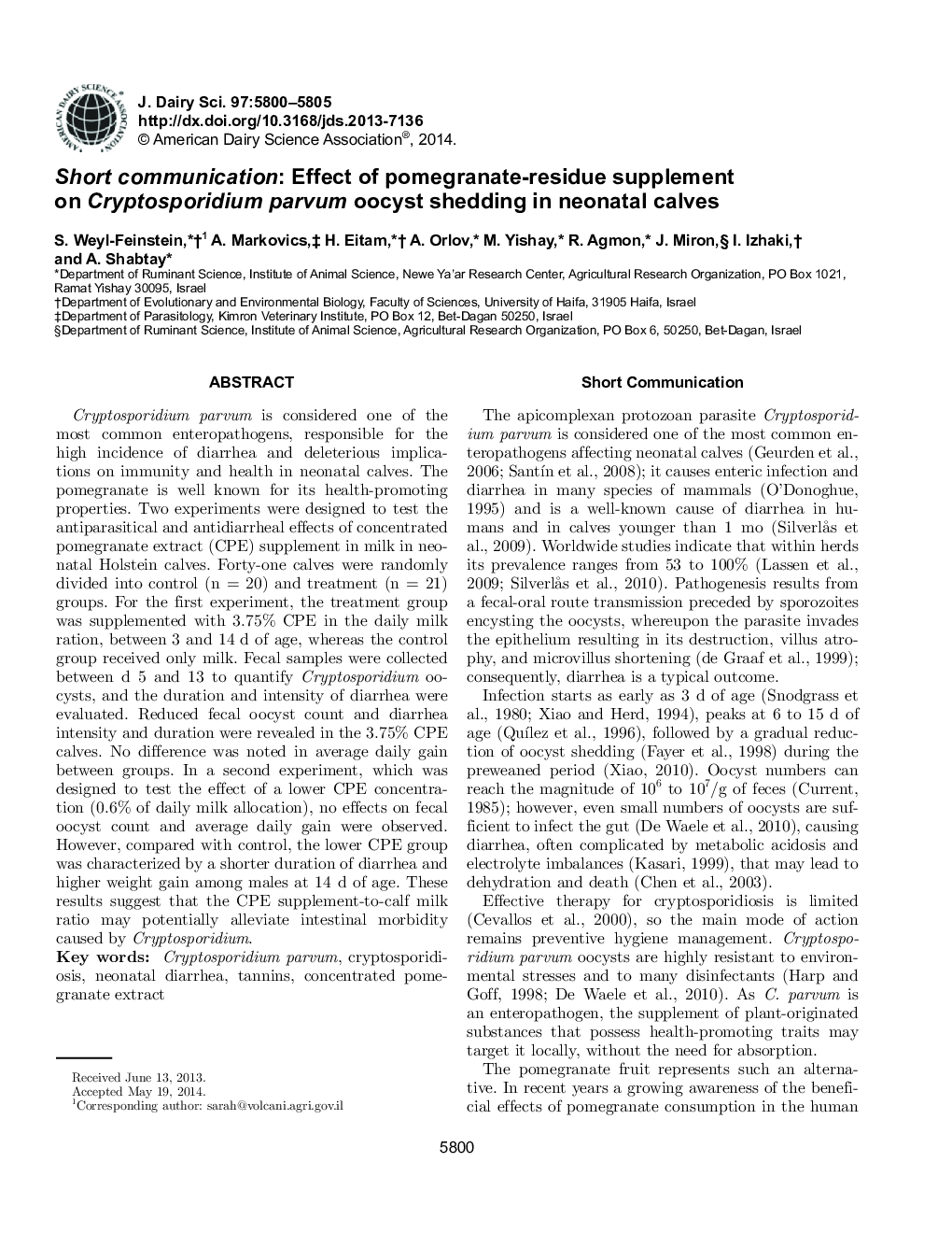 Short communication: Effect of pomegranate-residue supplement on Cryptosporidium parvum oocyst shedding in neonatal calves