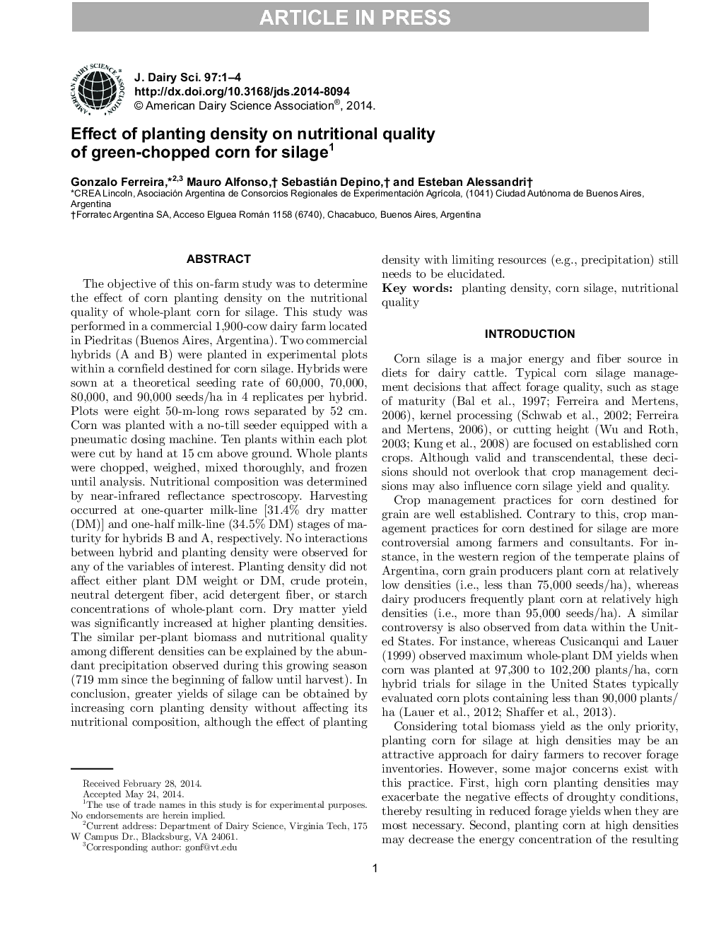 Effect of planting density on nutritional quality of green-chopped corn for silage1