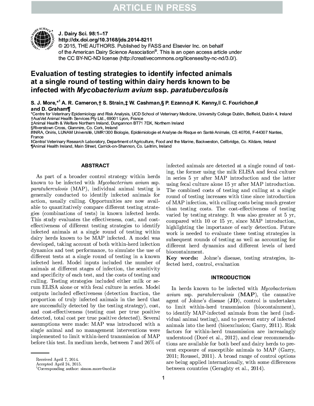 Evaluation of testing strategies to identify infected animals at a single round of testing within dairy herds known to be infected with Mycobacterium avium ssp. paratuberculosis