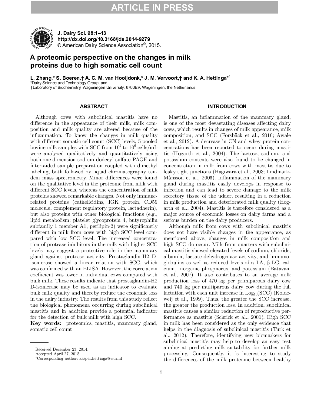 A proteomic perspective on the changes in milk proteins due to high somatic cell count